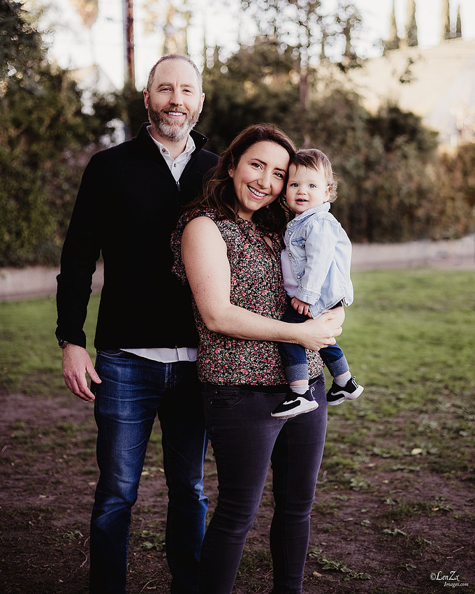 Family of three in the birthday photo session at Poinsettia Park, LA.